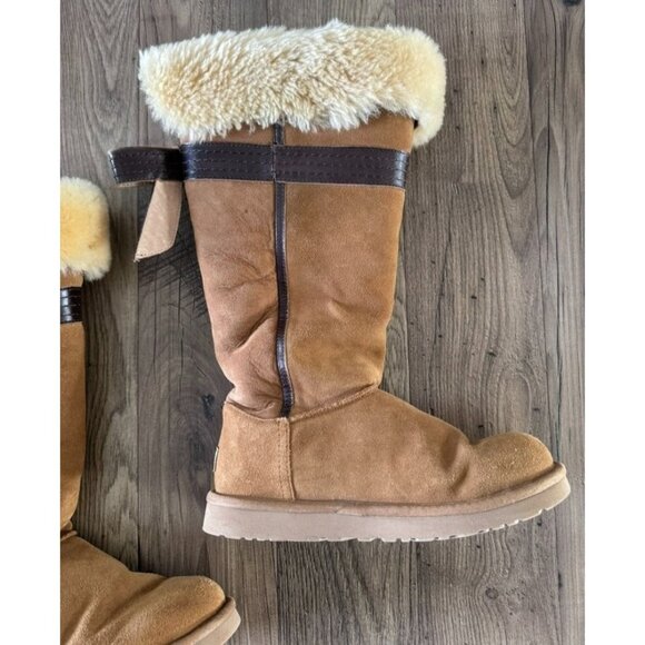 Ugg Genevieve Extra Tall Suede Shearling Boots Bow Back Chesnut Tan Women's 8 - Picture 4 of 9